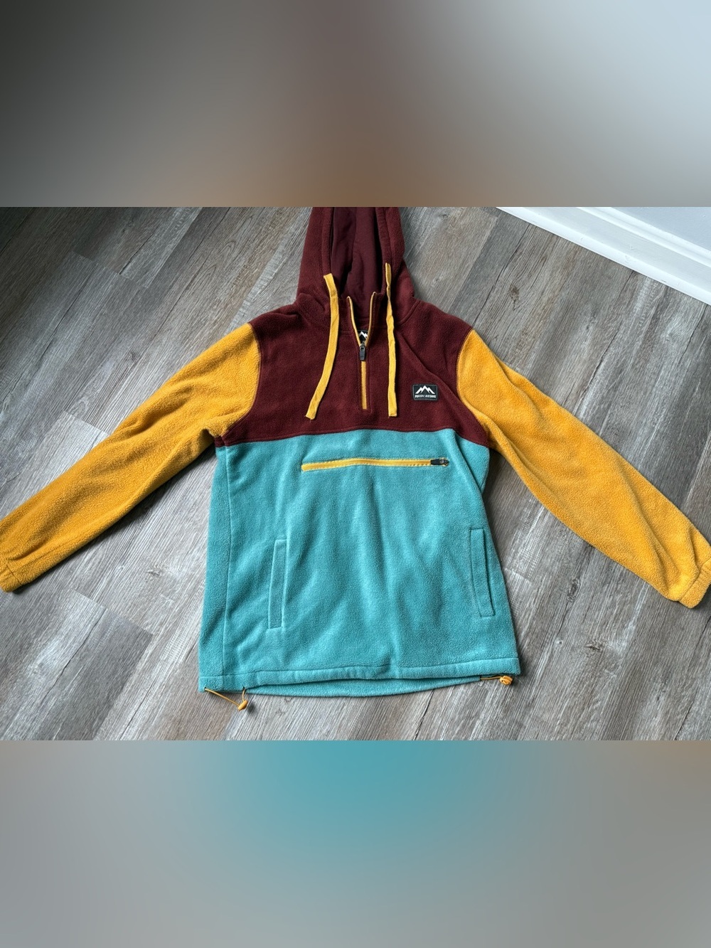 Massive Outdoors Color Block Fleece Pullover Hoodie Teal Maroon Yellow Size S